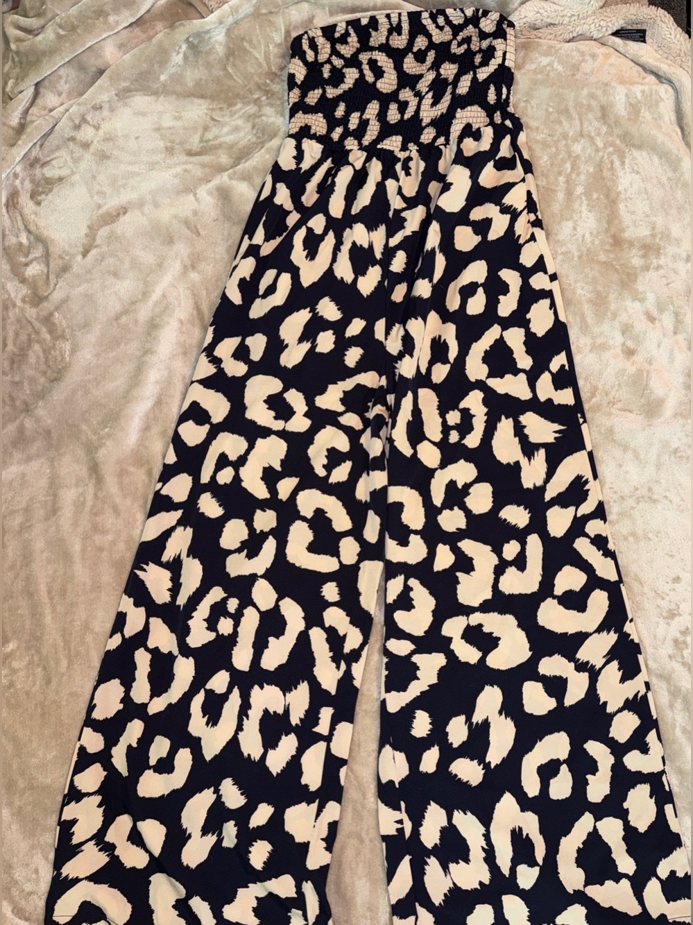 SHEIN Navy and Cream Leopard Print Strapless Smocked Jumpsuit
